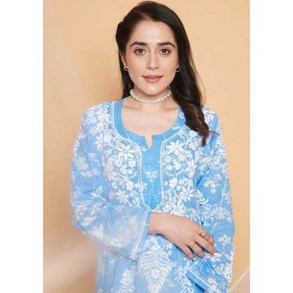 House of Chikankari Zainab Chikankari Mulmul Straight Kurta - Blue