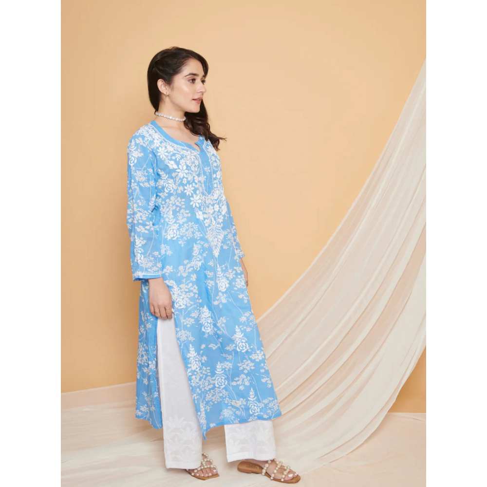 House of Chikankari Zainab Chikankari Mulmul Straight Kurta - Blue