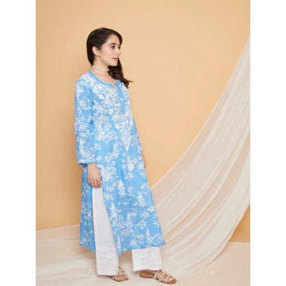 House of Chikankari Zainab Chikankari Mulmul Straight Kurta - Blue