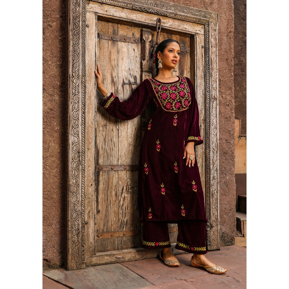 House of Chikankari Rumi Chikankari Velvet Purple Straight Kurta with Palazzo (Set of 2)