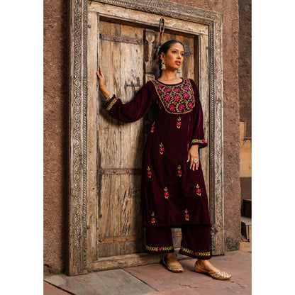 House of Chikankari Rumi Chikankari Velvet Purple Straight Kurta with Palazzo (Set of 2)