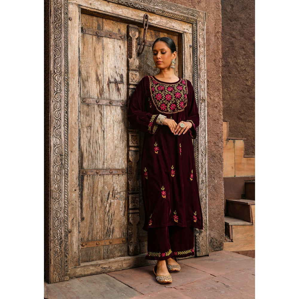 House of Chikankari Rumi Chikankari Velvet Purple Straight Kurta with Palazzo (Set of 2)