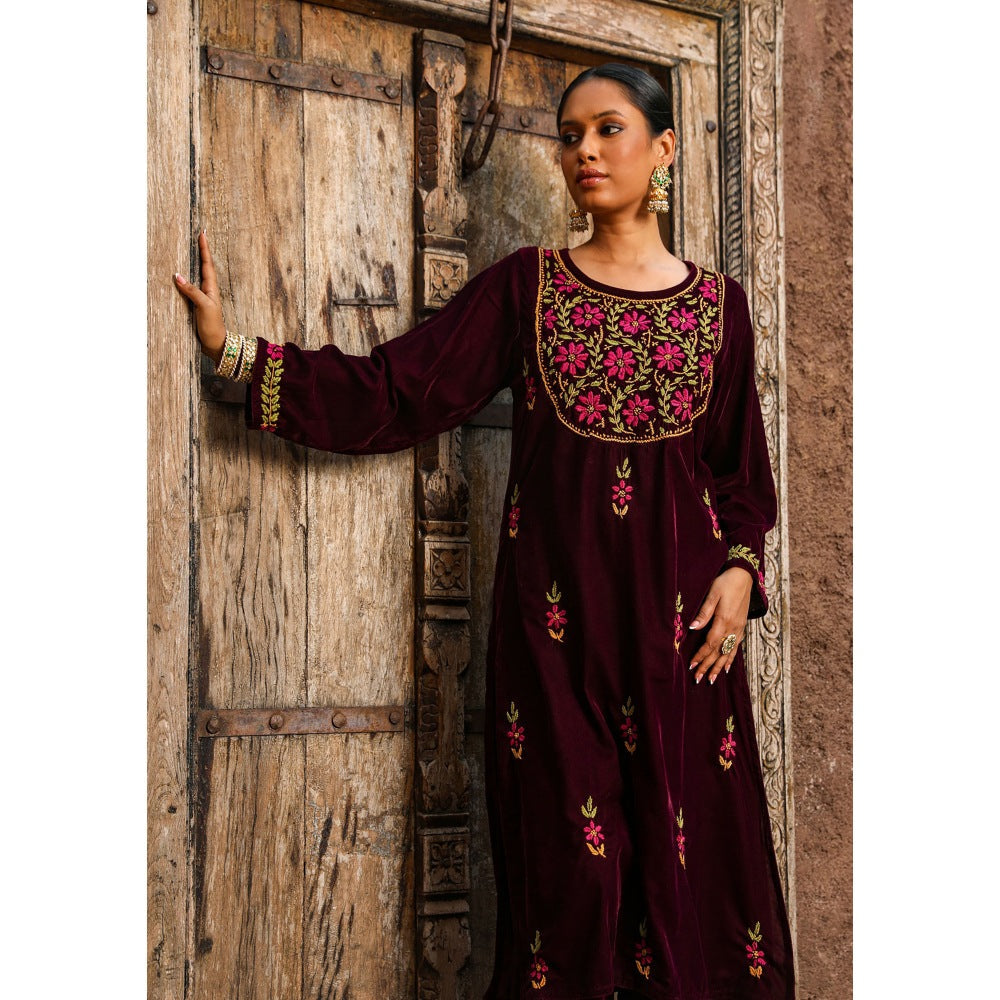 House of Chikankari Rumi Chikankari Velvet Purple Straight Kurta with Palazzo (Set of 2)