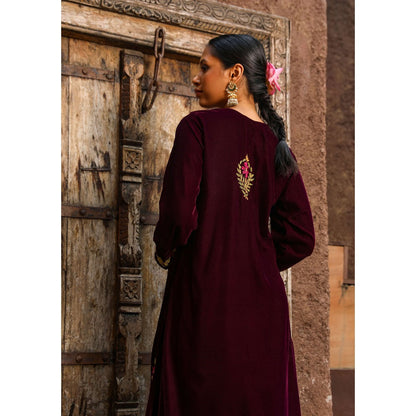 House of Chikankari Rumi Chikankari Velvet Purple Straight Kurta with Palazzo (Set of 2)