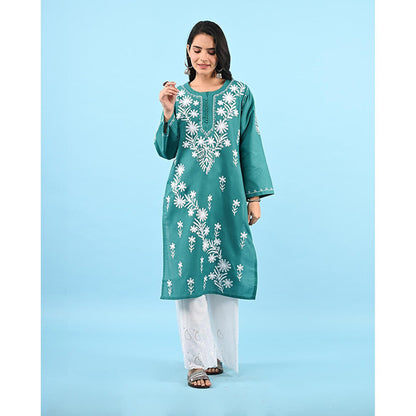 House of Chikankari Zinia Embroidered Cotton Straight Kurta Green