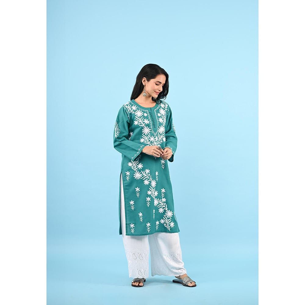 House of Chikankari Zinia Embroidered Cotton Straight Kurta Green