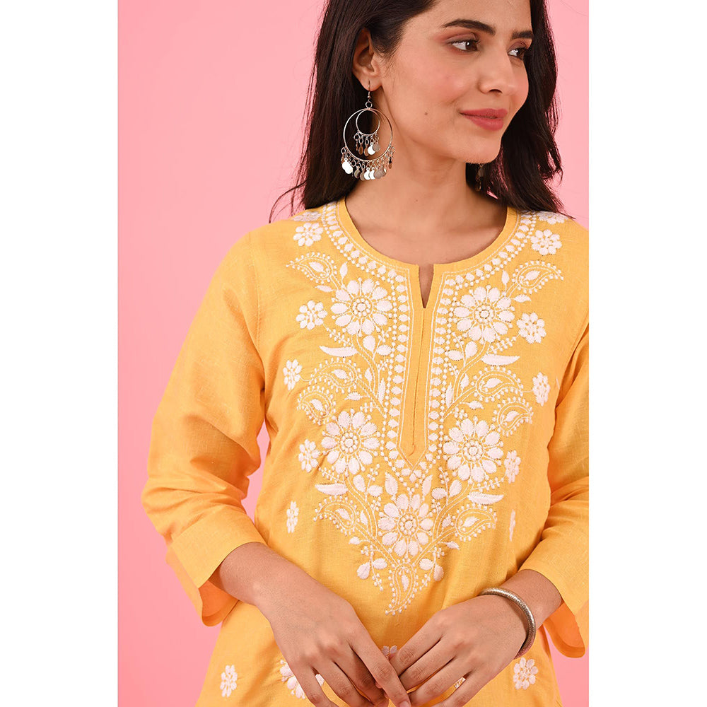 House of Chikankari Zinia Embroidered Cotton Straight Kurta Yellow