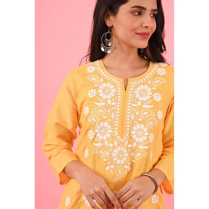 House of Chikankari Zinia Embroidered Cotton Straight Kurta Yellow