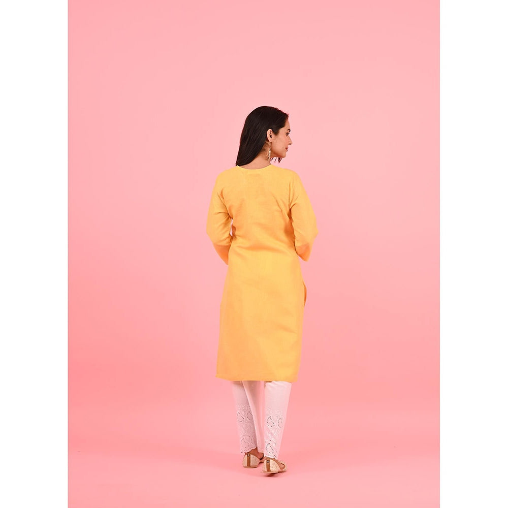 House of Chikankari Zinia Embroidered Cotton Straight Kurta Yellow