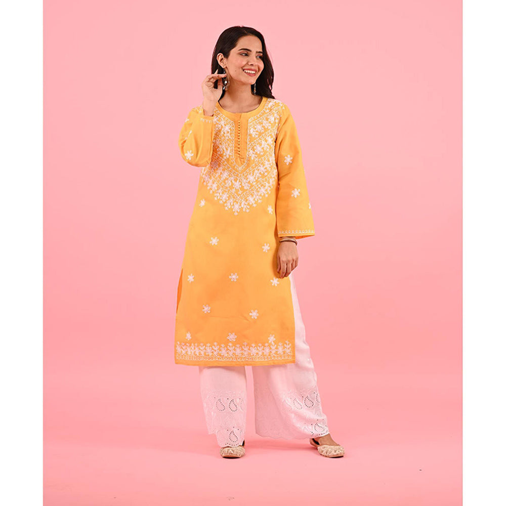 House of Chikankari Zinia Embroidered Cotton Straight Kurta Yellow