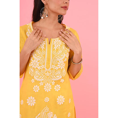 House of Chikankari Zinia Embroidered Cotton Straight Kurta Yellow