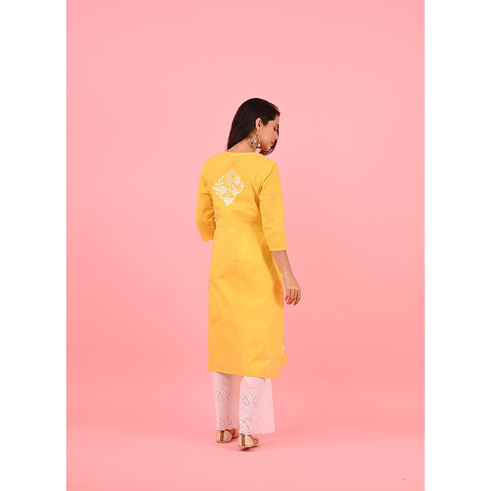 House of Chikankari Zinia Embroidered Cotton Straight Kurta Yellow