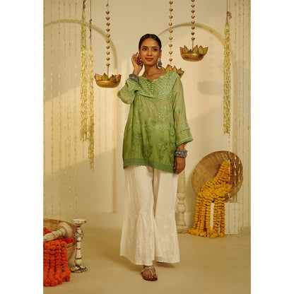 House of Chikankari Arfa Chikankari Muslin A-Line Short Kurta Green