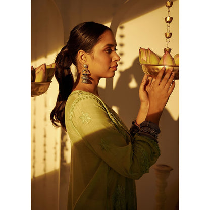 House of Chikankari Arfa Chikankari Muslin A-Line Short Kurta Green