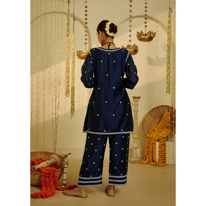 House of Chikankari Mahak Chikankari Chanderi Short Angrakha Blue (Set of 2)