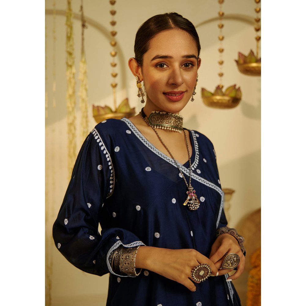 House of Chikankari Mahak Chikankari Chanderi Short Angrakha Blue (Set of 2)