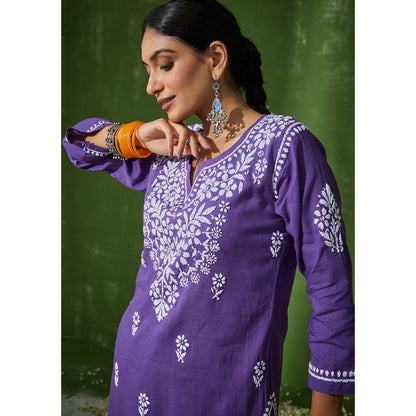 House of Chikankari Nadira Chikankari Cotton Short Kurta with Pants (Set of 2)