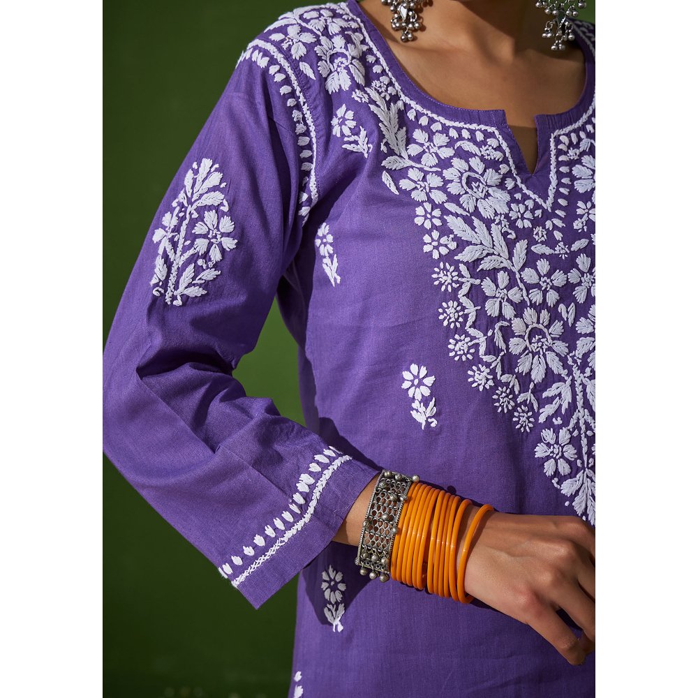 House of Chikankari Nadira Chikankari Cotton Short Kurta with Pants (Set of 2)