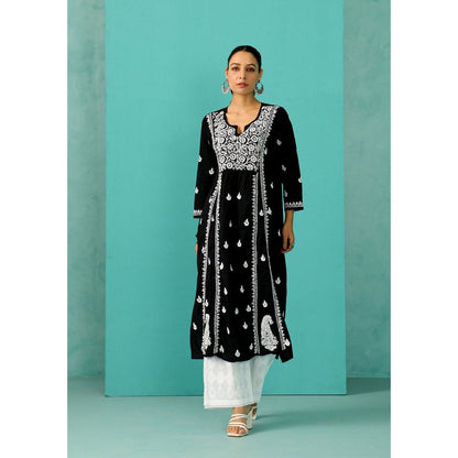 House of Chikankari Chandni Chikankari Cotton A-Line Black Kurta