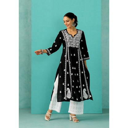 House of Chikankari Chandni Chikankari Cotton A-Line Black Kurta