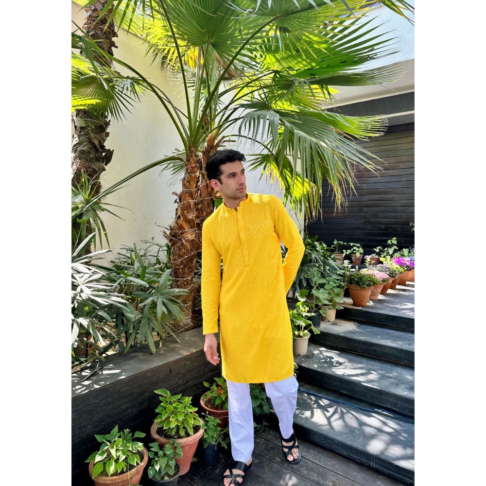 House of Chikankari Aryan Chikankari Rayon Straight Men Kurta with Sequin