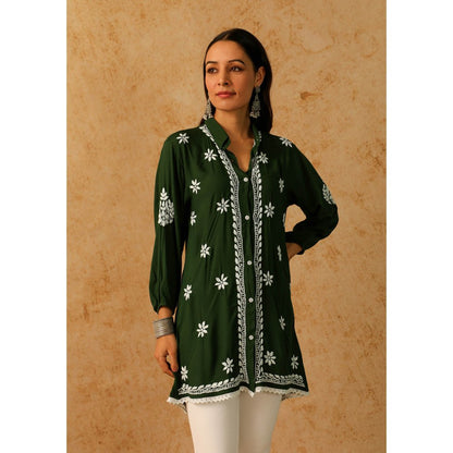 House of Chikankari Green Afseen Chikankari Modal Straight Shirt