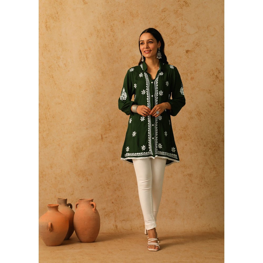 House of Chikankari Green Afseen Chikankari Modal Straight Shirt