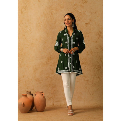 House of Chikankari Green Afseen Chikankari Modal Straight Shirt