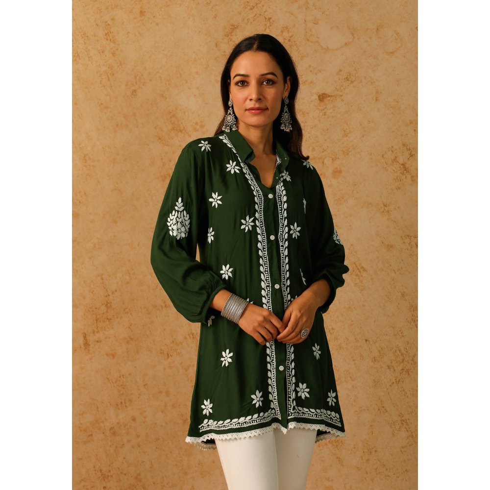 House of Chikankari Green Afseen Chikankari Modal Straight Shirt