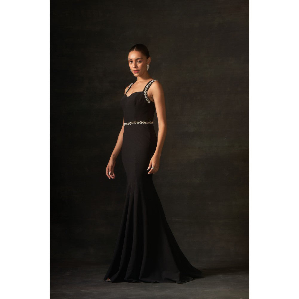 House of Exotique Black Long Dress with Stones Detailing