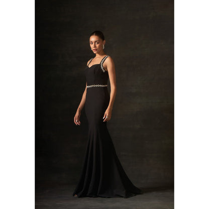 House of Exotique Black Long Dress with Stones Detailing