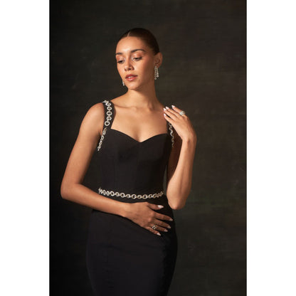 House of Exotique Black Long Dress with Stones Detailing