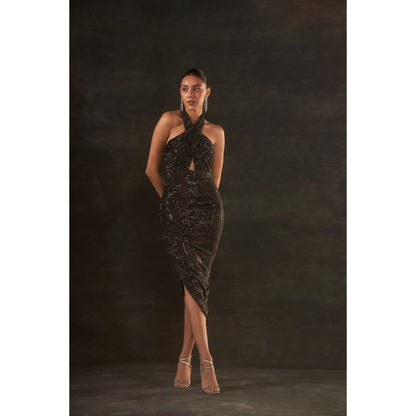 House of Exotique Peuter Swarovski Halter Neck Drape Dress