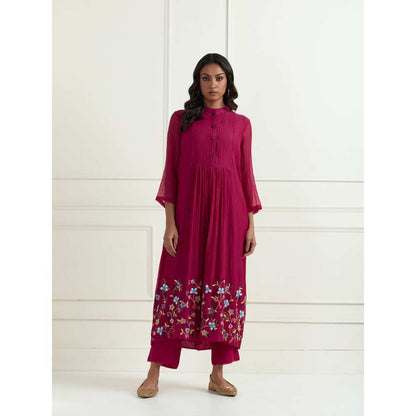 Ikshita Choudhary Magenta Hand Embroidered Chanderi Kurta with Pants (Set of 2)