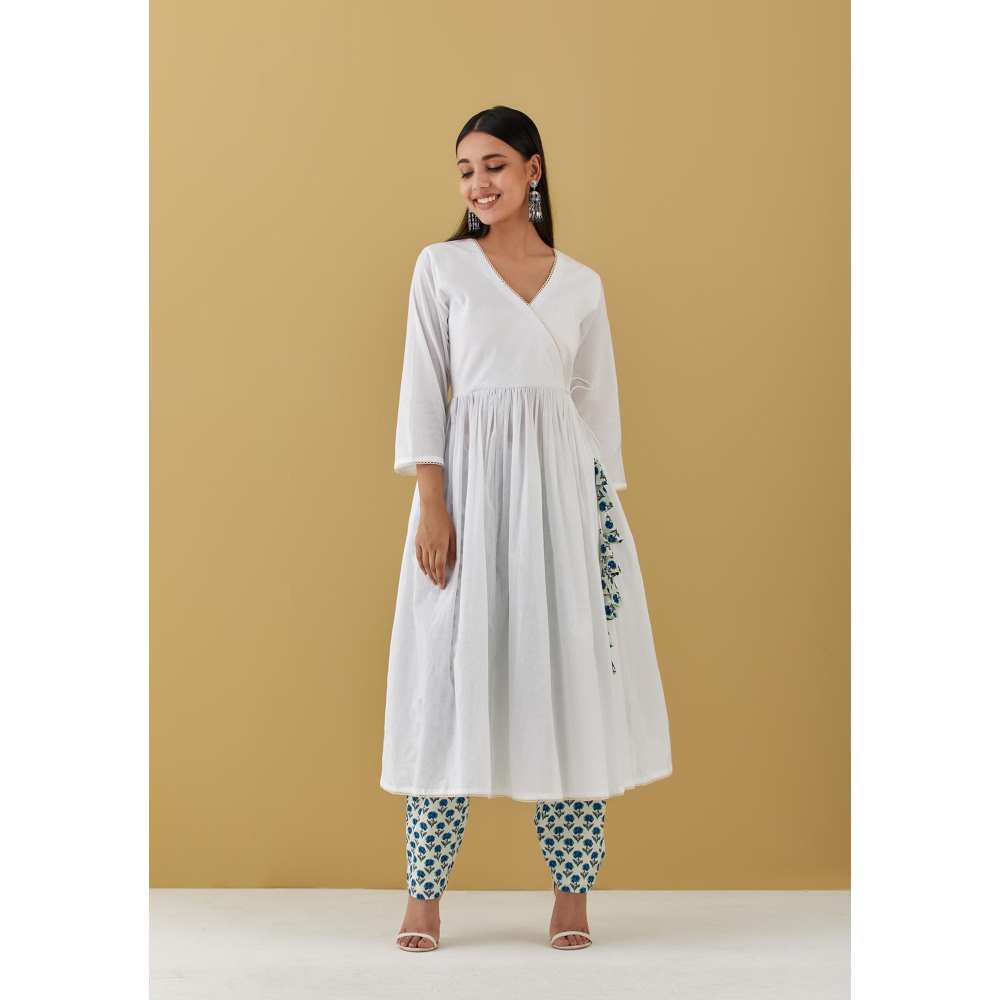 Ikshita Choudhary White Angarkha with Blue Block Printed Pants (Set of 2)
