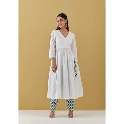 Ikshita Choudhary White Angarkha with Blue Block Printed Pants (Set of 2)