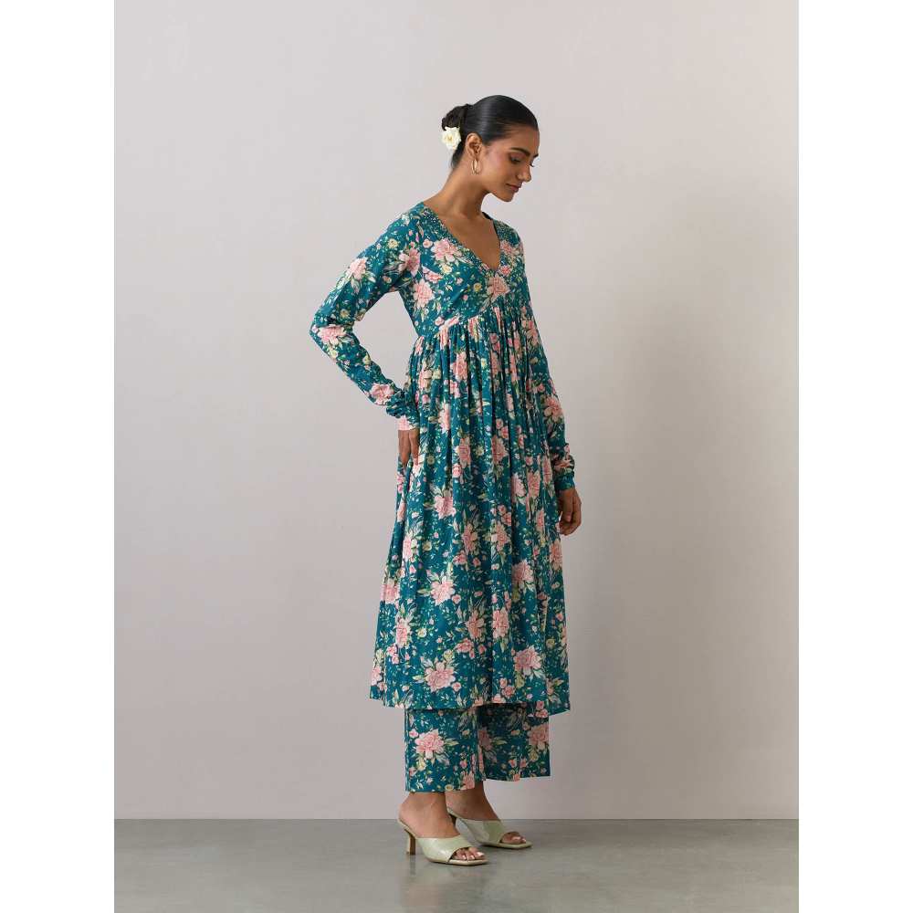 Ikshita Choudhary Green Cotton Printed Kurta With Pants (Set of 2)
