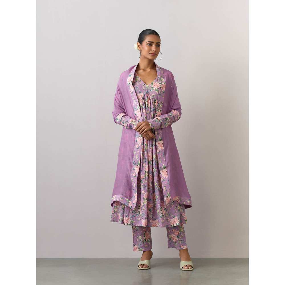 Ikshita Choudhary Lavender Cotton Printed Kurta With Pants And Dupatta (Set of 3)