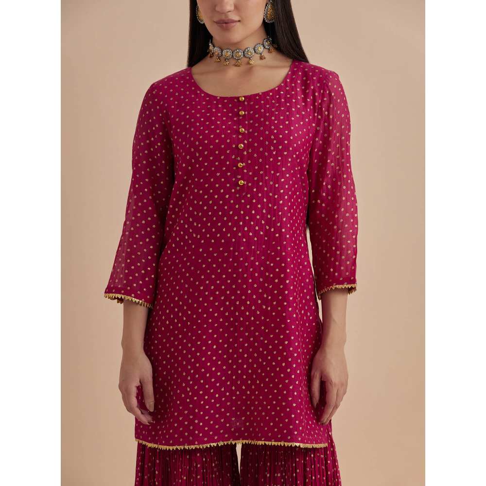 Ikshita Choudhary Magenta Printed Chanderi Kurtis With Gharara And Dupatta (Set of 3)
