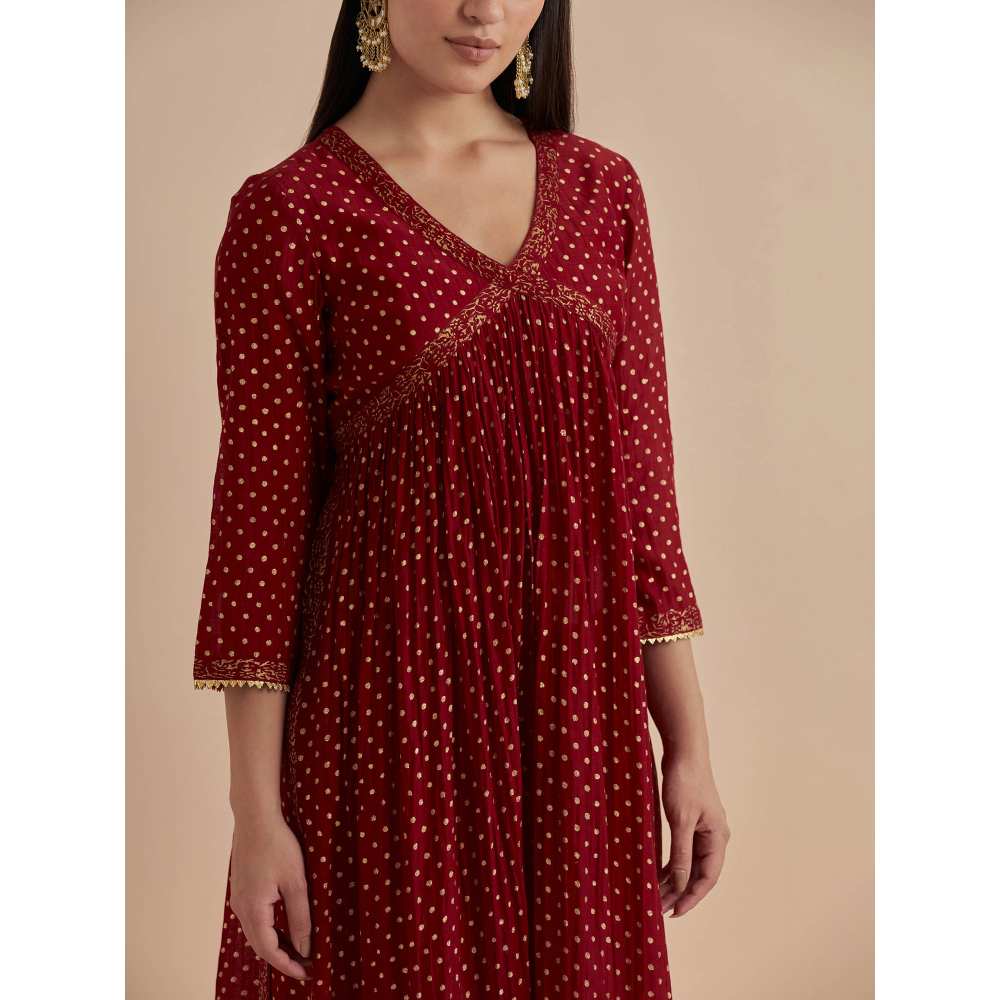 Ikshita Choudhary Red Printed Chanderi Kurta With Pants And Dupatta (Set of 3)