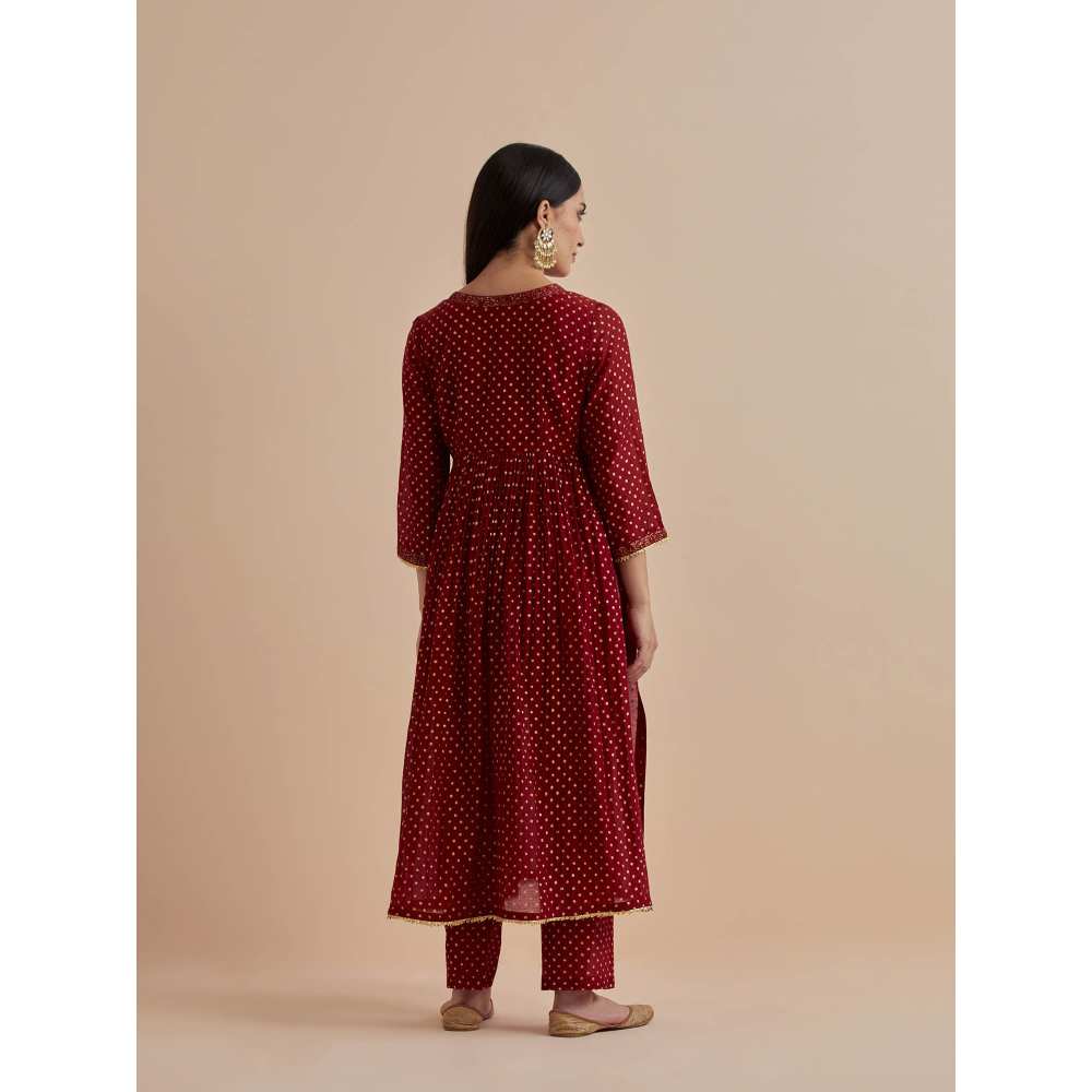 Ikshita Choudhary Red Printed Chanderi Kurta With Pants And Dupatta (Set of 3)
