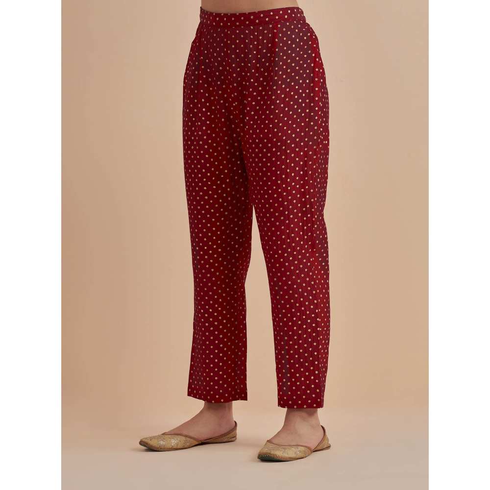 Ikshita Choudhary Red Printed Chanderi Kurta With Pants And Dupatta (Set of 3)