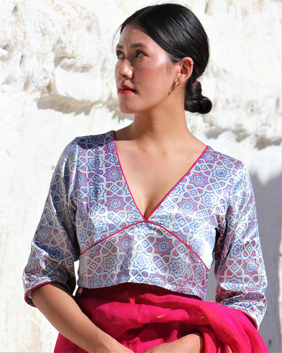 Chidiyaa Red Silver Block Printed Mashru Silk Blouse Lagn