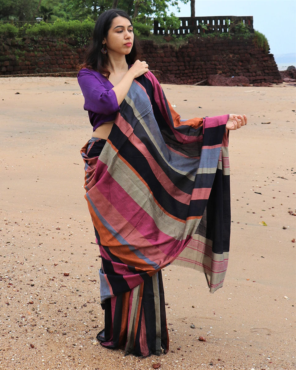 Chidiyaa Handwoven Cotton Mauve Rainbow Saree with Unstitched Blouse
