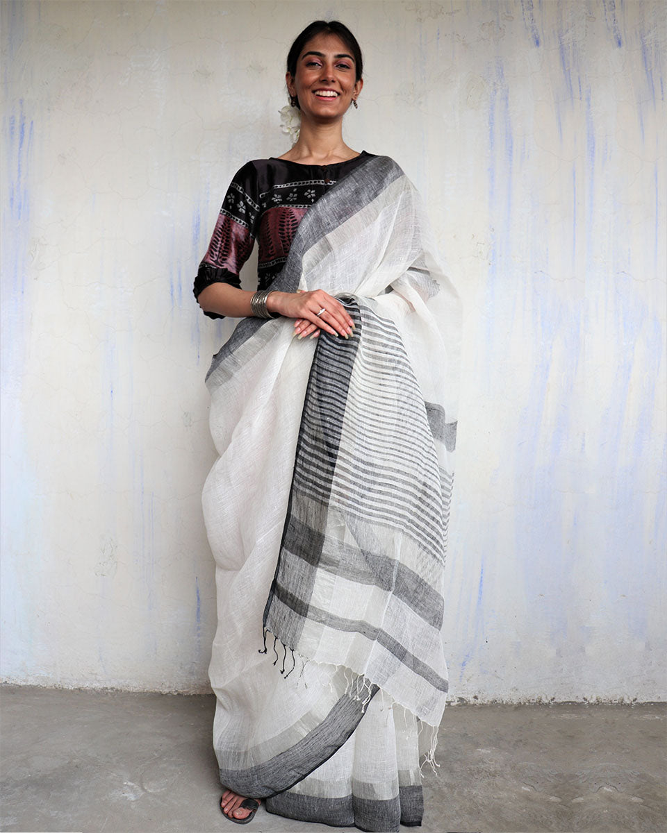 Chidiyaa Hema White Grey Handwoven Linen Saree