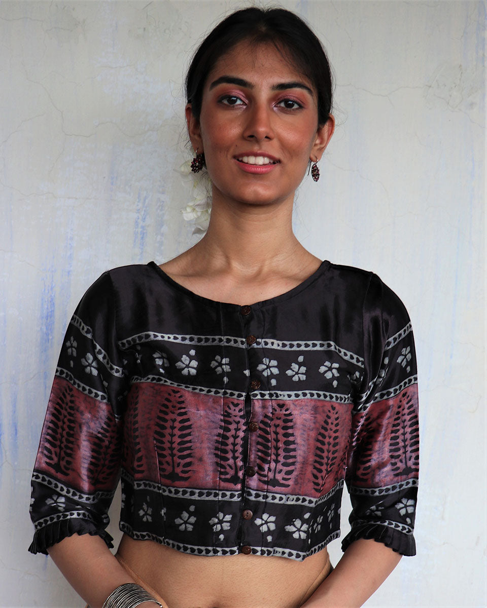 Chidiyaa Mala Black Hand Blockprinted Mashru Silk Blouse