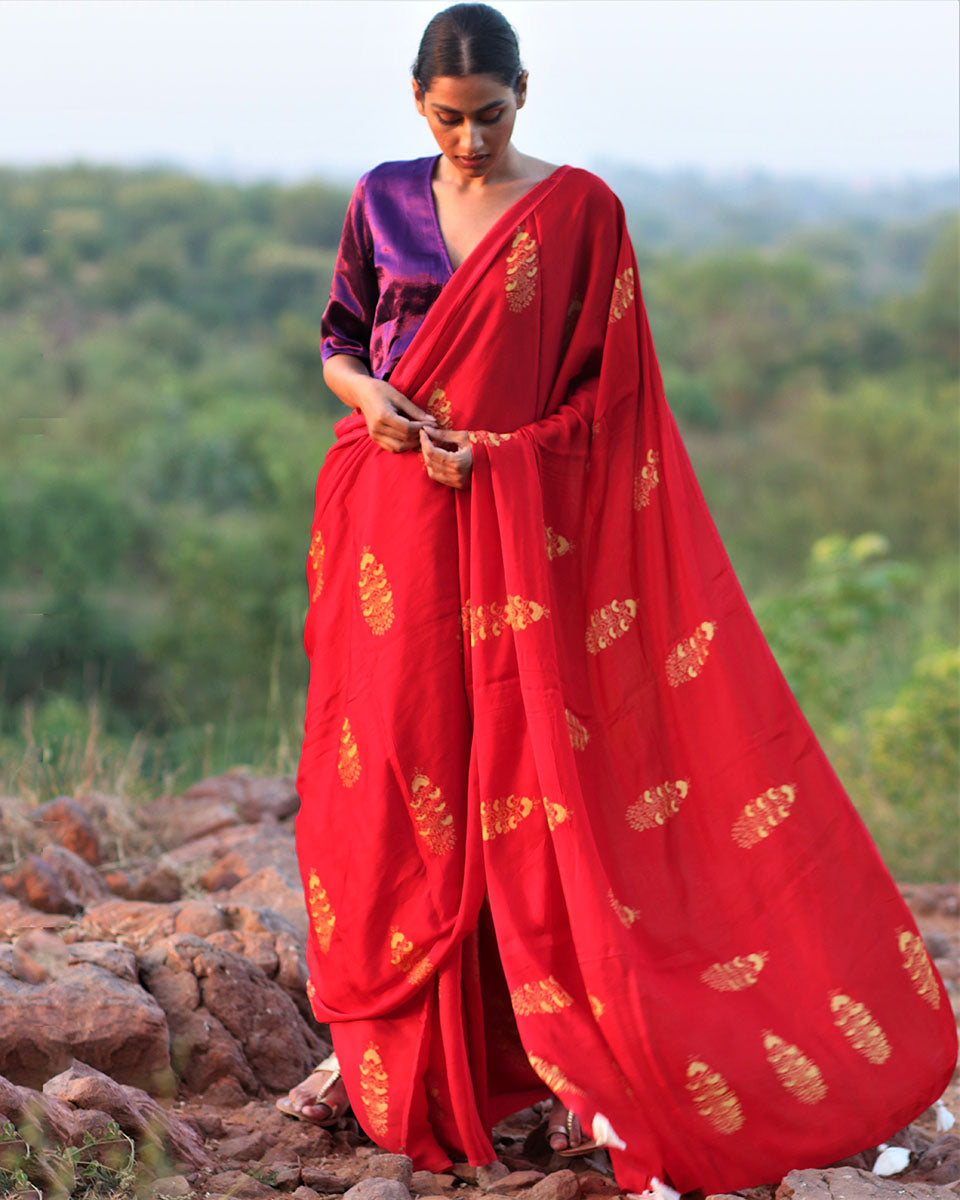 Chidiyaa Red Modal Silk Saree with Unstitched Blouse