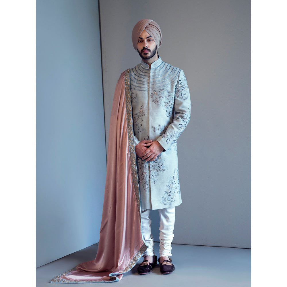 Jatin Malik Ice Blue Contemporary Sherwani (Set of 4)