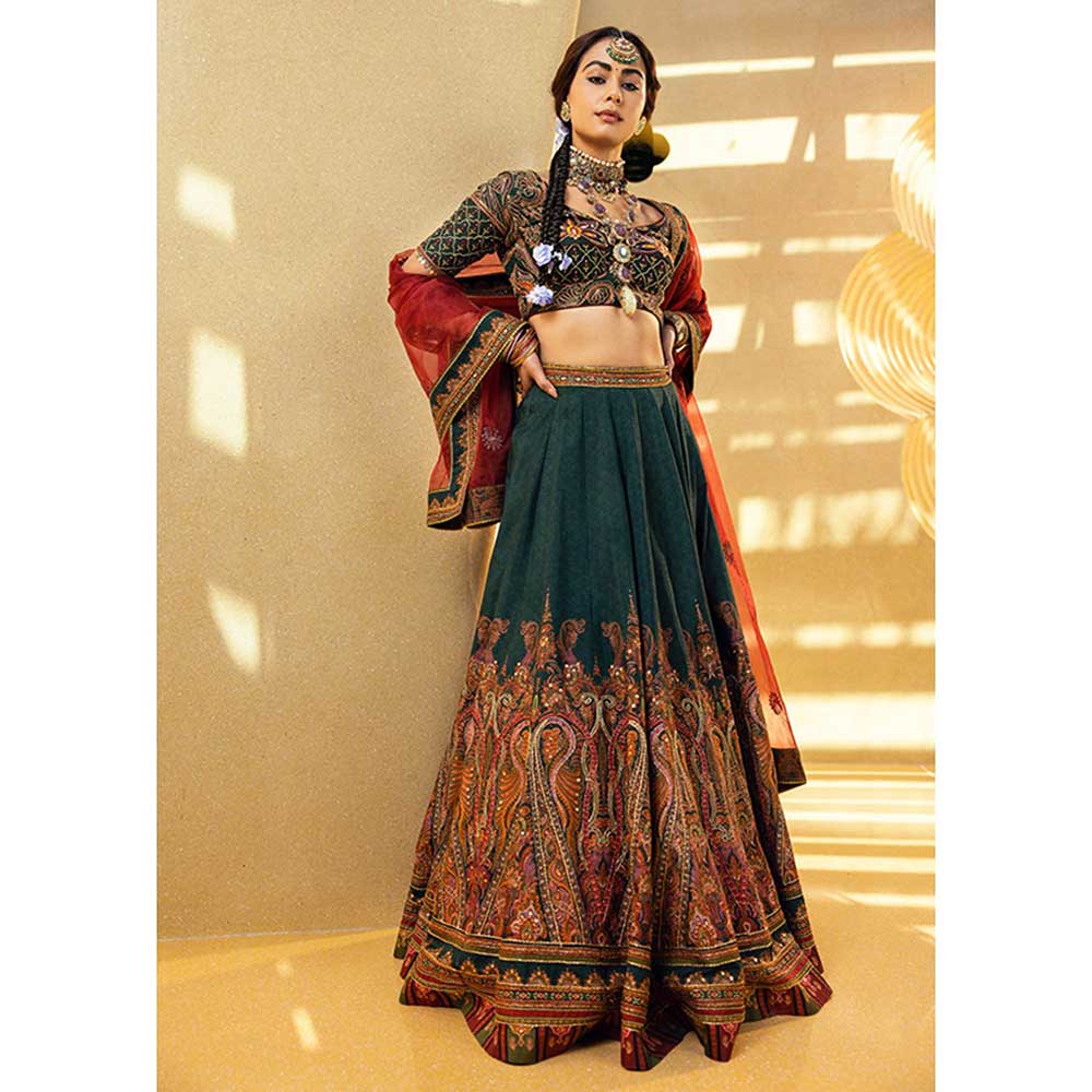 KALISTA Mehjabeen Forest Green Lehenga (Set of 3)