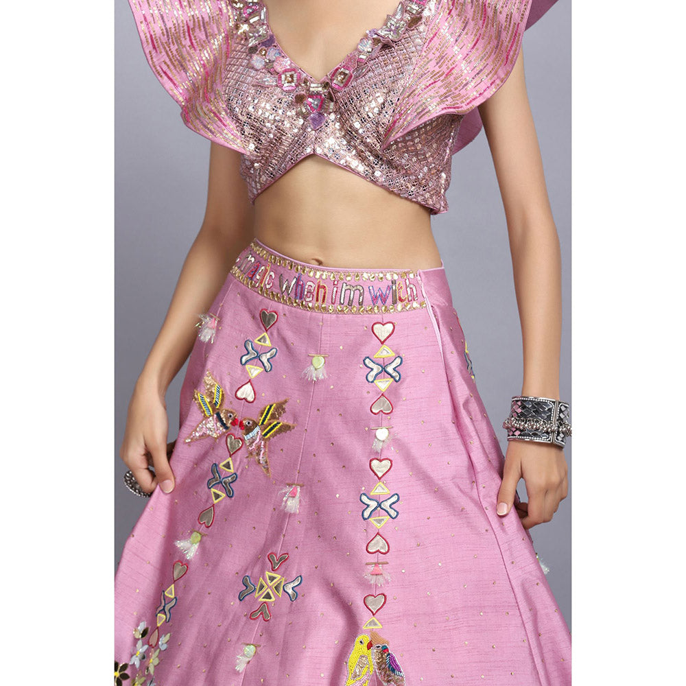 Arpita Sulakshana Cameo Pink Handpainted Lehenga Blouse and Dupatta (Set of 3)
